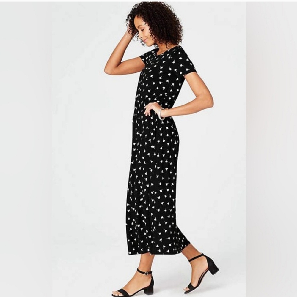 J. JILL Maxi Dress Black White Floral Dandelion Elastic Smocked Waistband